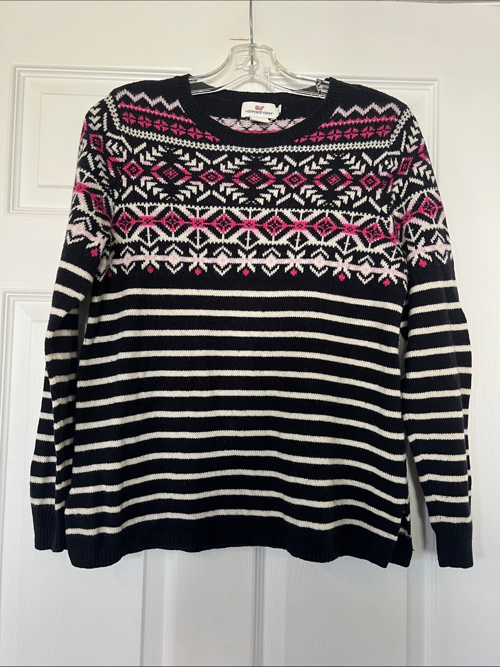Vineyard Vines Black & White Striped Fair Isle Sweater with Pink Accent Medium
